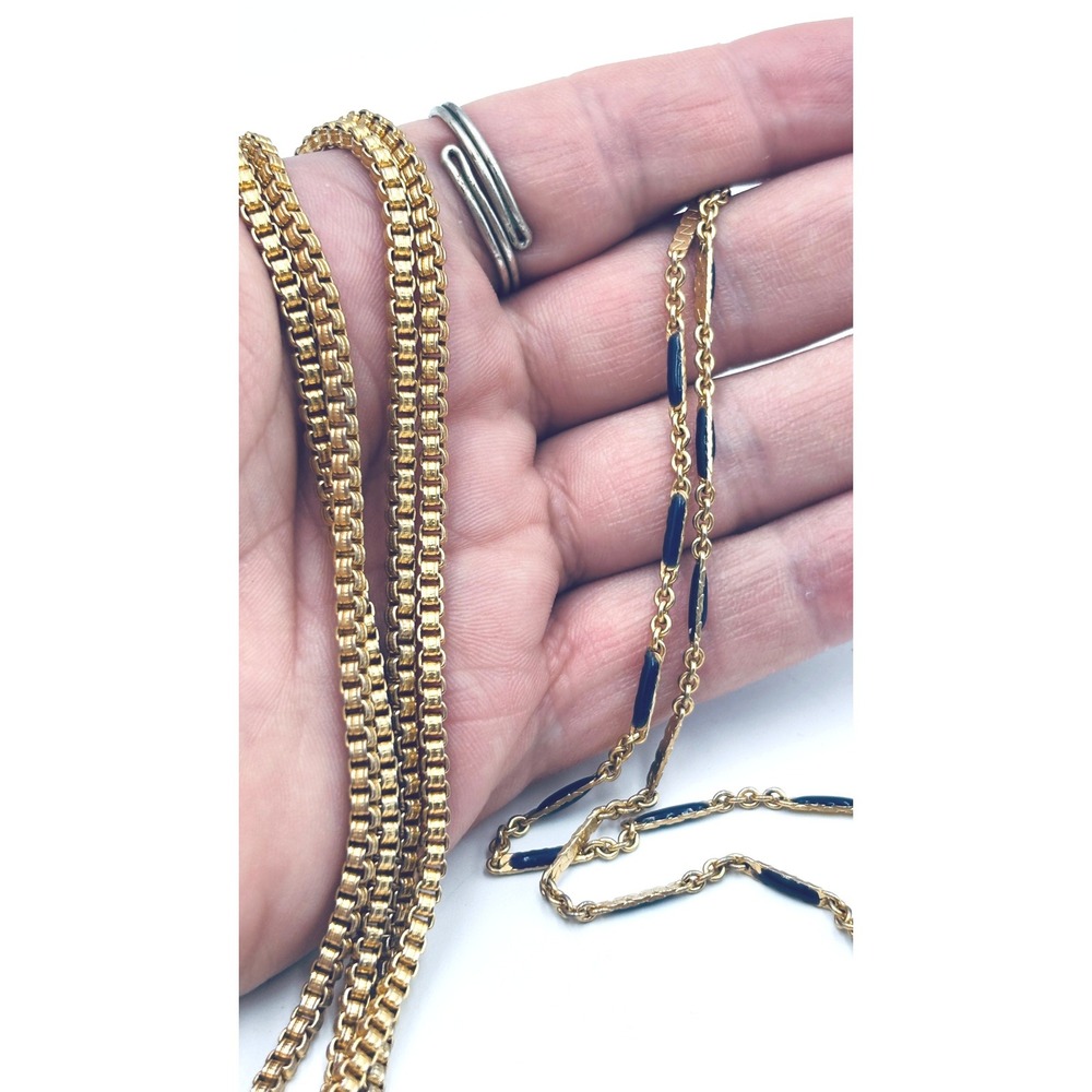 2 Les Bernard Inc Vintage Gold Tone Box Chain and Blue Enamel Necklace Set 2pc
